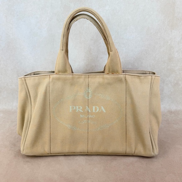 Prada Handbags - Prada Canapa Large Beige Canvas Tote Bag Gold Hardware